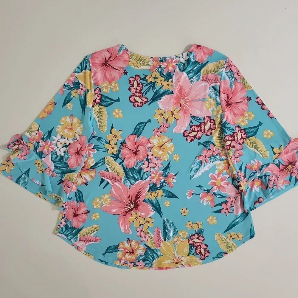 Ruby Rd. Women's Tropicali Floral Ruffled Bell Sleeve Top - Picture 11 of 13